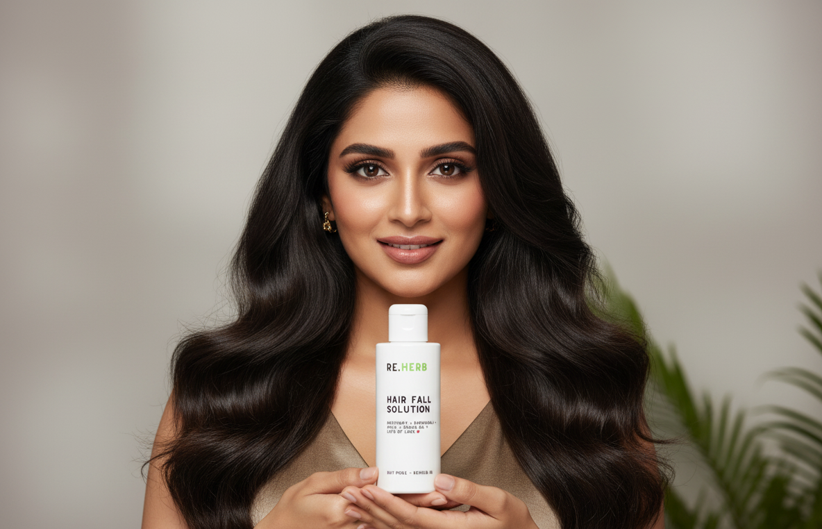 Woman holding a bottle of hair care product with a neutral background